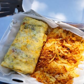 3 egg omelets and hash or country potatoes. Includes all veggies, 1 meat, and cheese.