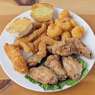 1/2 lb shrimp 1/2 lb Basa and 8 party wings.