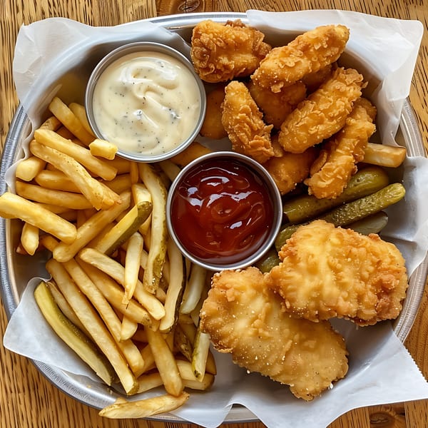 A metal tray with fried chicken tenders, french fries, pickles, ketchup, and dipping sauce.