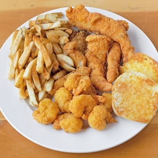 1/2 lb basa or tilapia, 1/2 lb shrimp and fries.